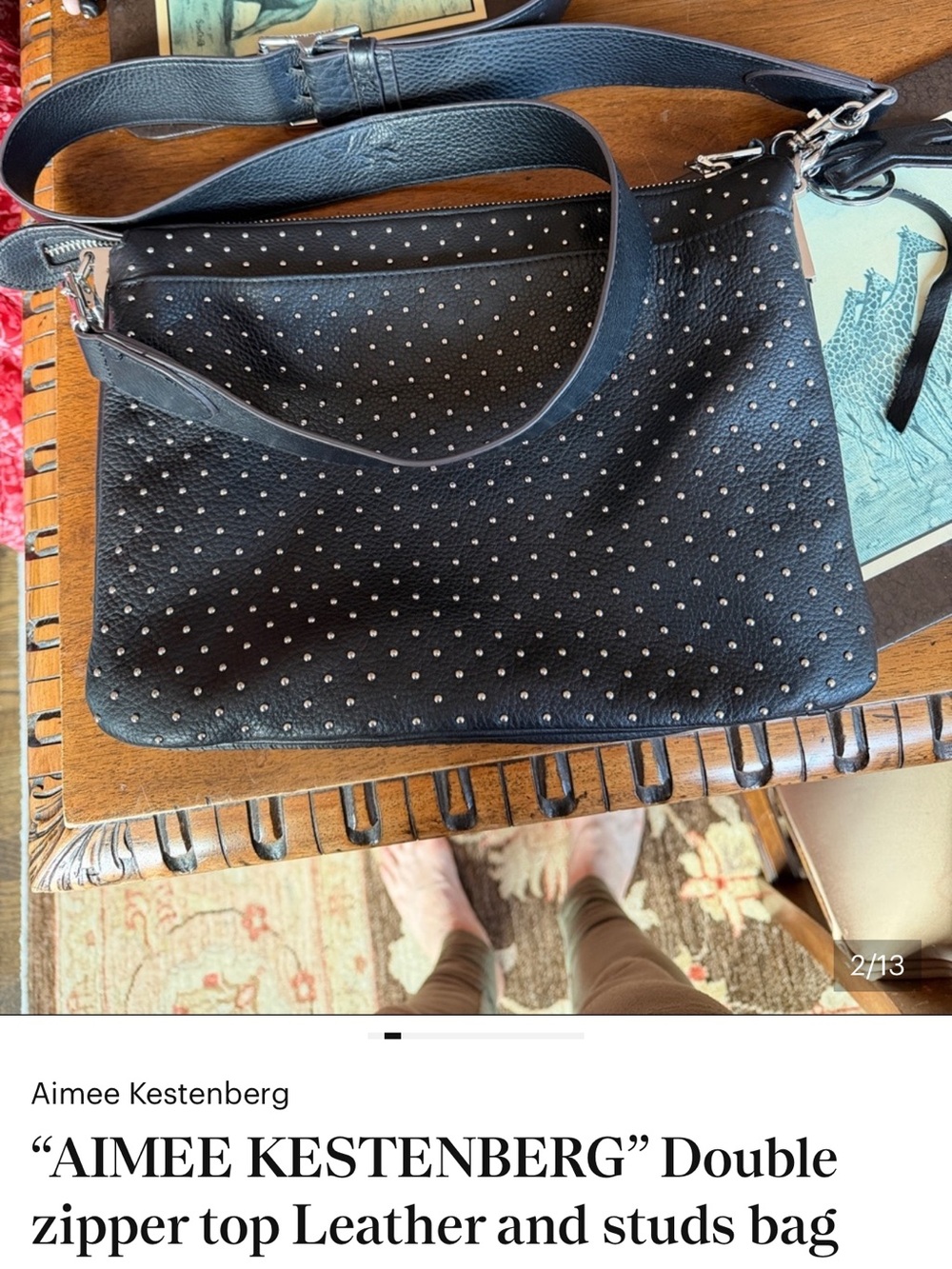 “AIMEE KESTENBERG” Double zipper top Leather and studs bag